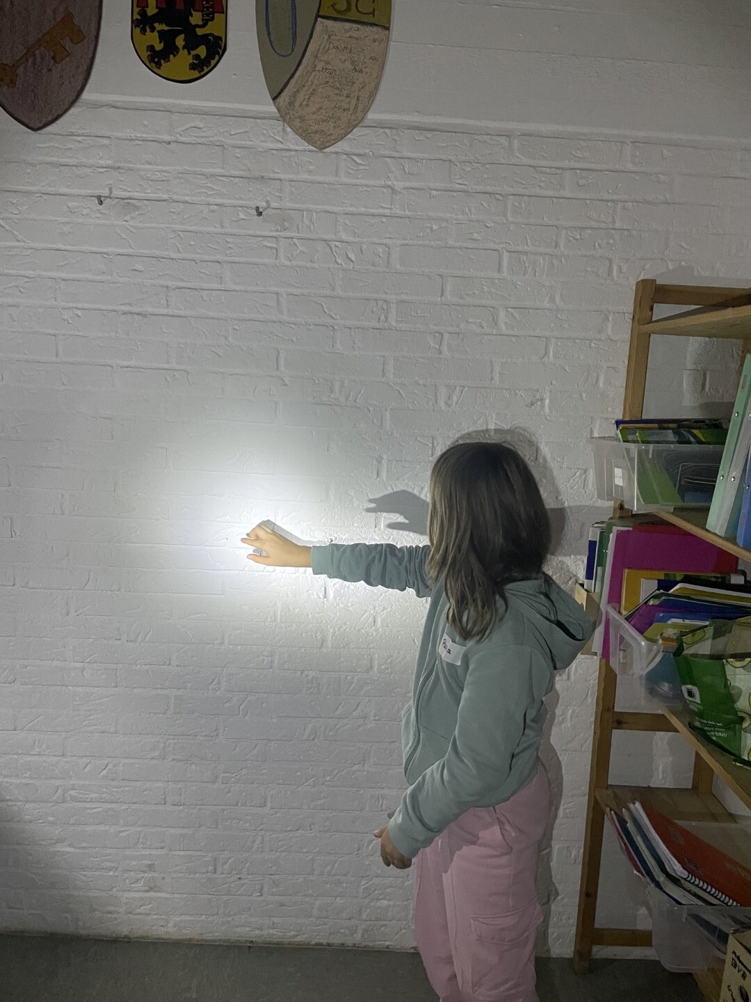 Ein Kind hält eine Taschenlampe an eine weiße Wand, auf der ein Schattenexperiment sichtbar wird.