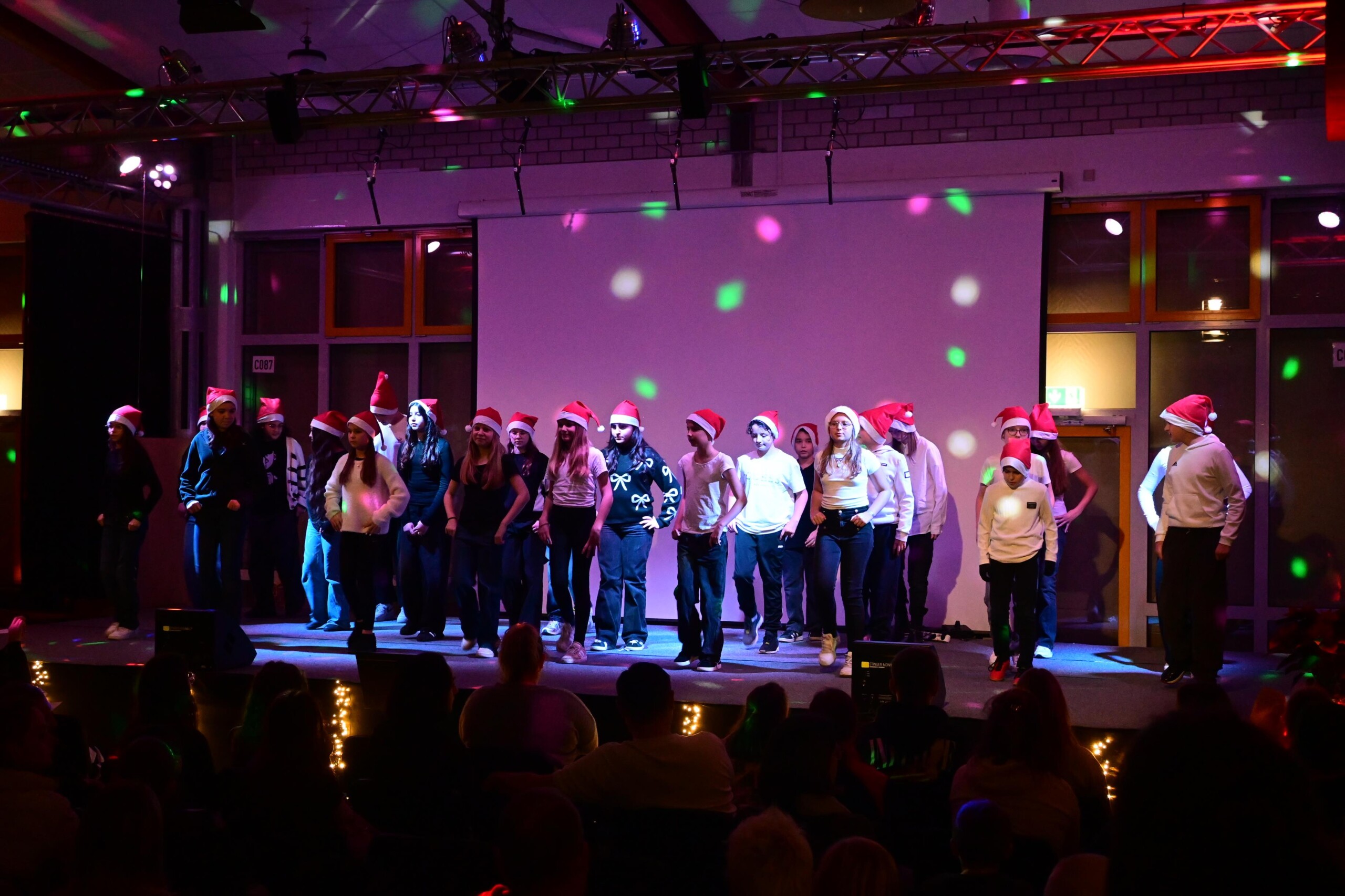 Große Gruppe von Schüler:innen steht in Reihen auf der Bühne und führt eine gemeinsame Tanzchoreografie auf, Publikum ist im Vordergrund zu sehen.