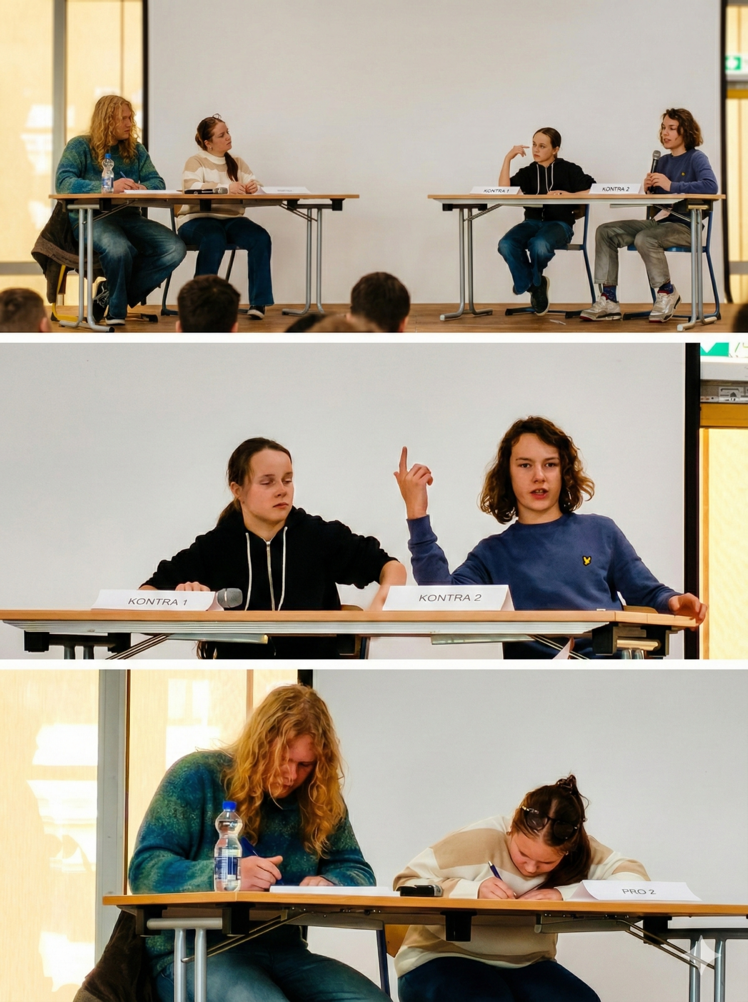 Collage aus drei Bildern einer Debattenveranstaltung auf einer Bühne vor weißem Hintergrund. Das obere Bild zeigt die Gesamtszene mit zwei Zweierteams an Tischen; ein:e Teilnehmer:in auf der rechten Seite spricht gestikulierend in ein Mikrofon. Die unteren Detailaufnahmen zeigen das Pro-Team beim konzentrierten Mitschreiben sowie das Kontra-Team während eines Redebeitrags mit erhobenem Zeigefinger.