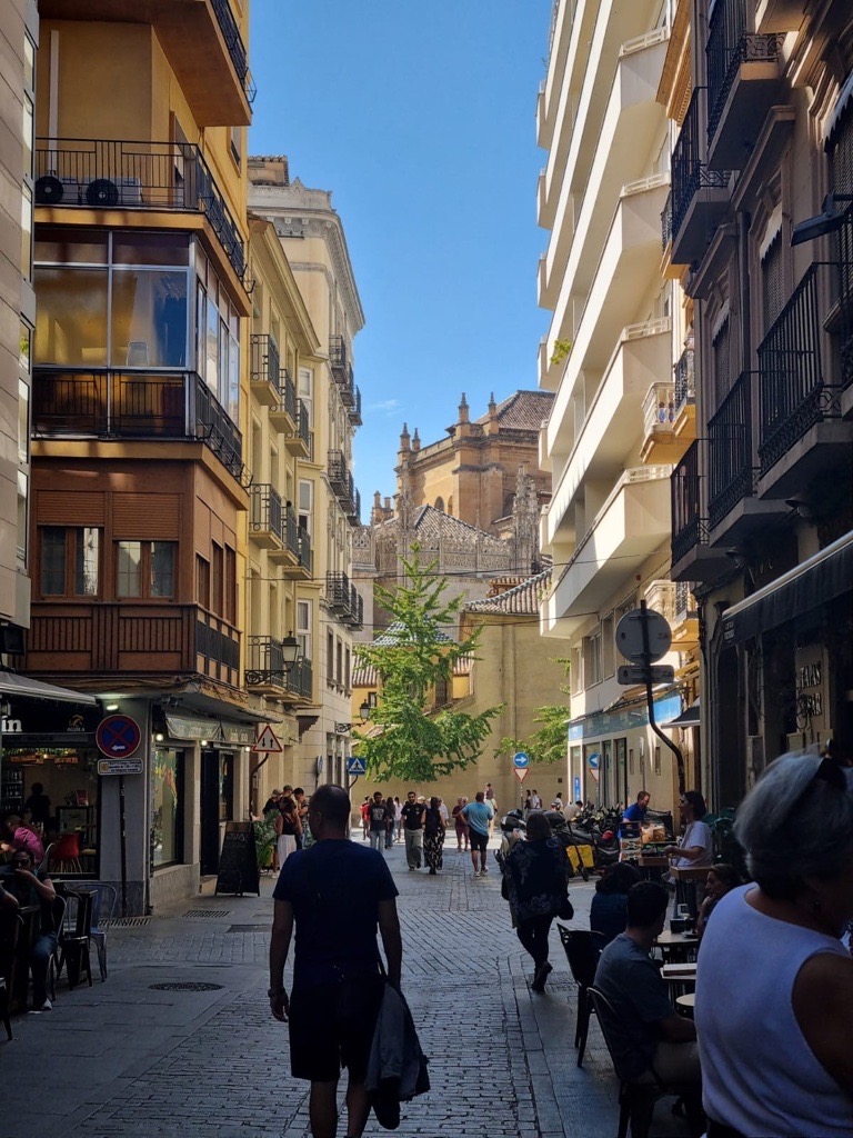 Fußgängerzone in der Altstadt von Jaén mit Blickrichtung auf die Kathedrale. Hohe historische Gebäude mit Geschäften im Erdgeschoss säumen die Straße, Menschen gehen durch die Innenstadt.